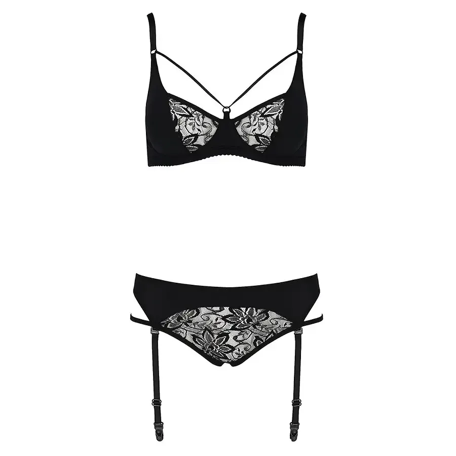 Комплект білизни Passion PAULINE SET L/XL, black, стрепи, ліф, стрінги і пояс для панчох Львів - фото 5