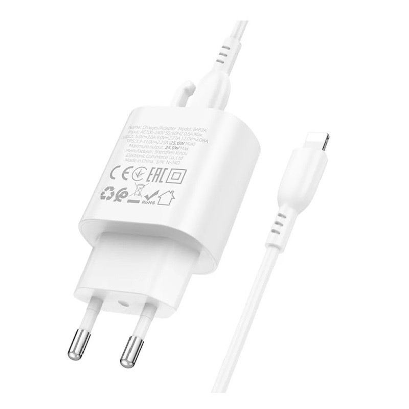 Мережевий зарядний пристрій з кабелем BOROFONE BA82A Platinum single port PD25W charger set (C to iP) (EU) Одеса - фото 3