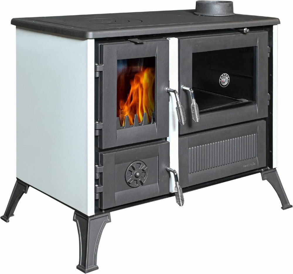 Піч-кухня чавунна Hosseven 4013 з духовкою та варильною поверхнею 8 кВт до 60 м2 опалювально-варильна біла піч на дровах Туреччина Тернопіль - фото 1