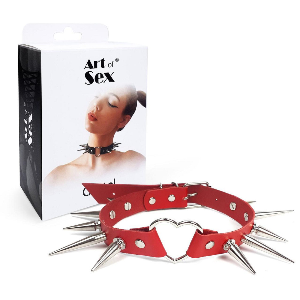 Чокер сердце с большими шипами, из натуральной кожи Art of Sex - Crystal, цвет Красный Sex Aura Киев - изображение 5
