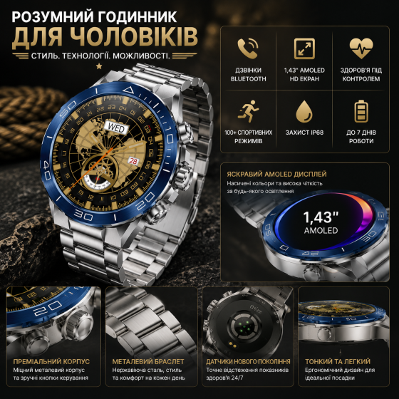 Мужские тактические смарт-часы Kesasoxe с AMOLED экраном водонепроницаемые армейские умные часы с вызовами Киев