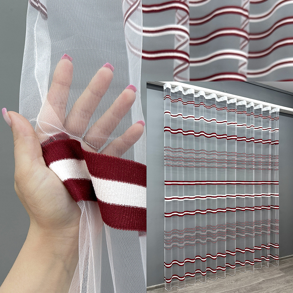 Тюль VR-Textil 1772т Фатин полосы Бордовый с белым 300х270 см (42-0768) Киев - изображение 1