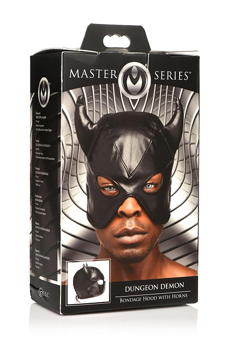 Маска з рогами Master Series: Dungeon Demon Bondage Mask with Horns, чорна Sex Aura Київ - фото 9