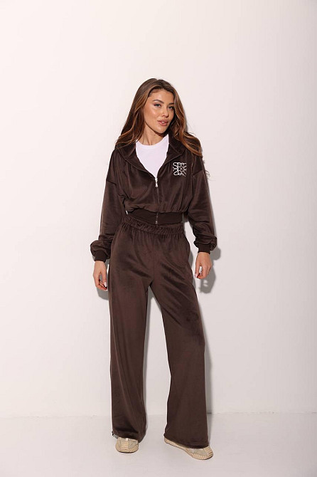 Жіночий прогулянковий костюм-двійка: кофта на блискавці та штани велюр Шоколадний, 48/52 Одеса - фото 1