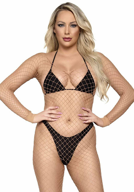 Бодістокінг у велику сітку Leg Avenue Long Sleeved Bodystocking One size Nude, довгий рукав Sex Aura Київ - фото 1