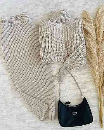 Женский стильный теплый костюм из свитера и юбки ангора рубчик с начесом Бежевий Одесса