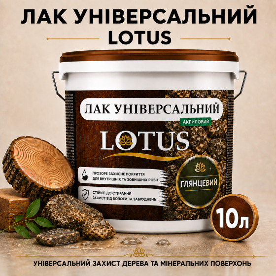 Лак універсальний акриловий LOTUS прозорий глянцевий без запаху зносостійкий для дерева, каменю, бетону та інших поверхонь 10 л Харків