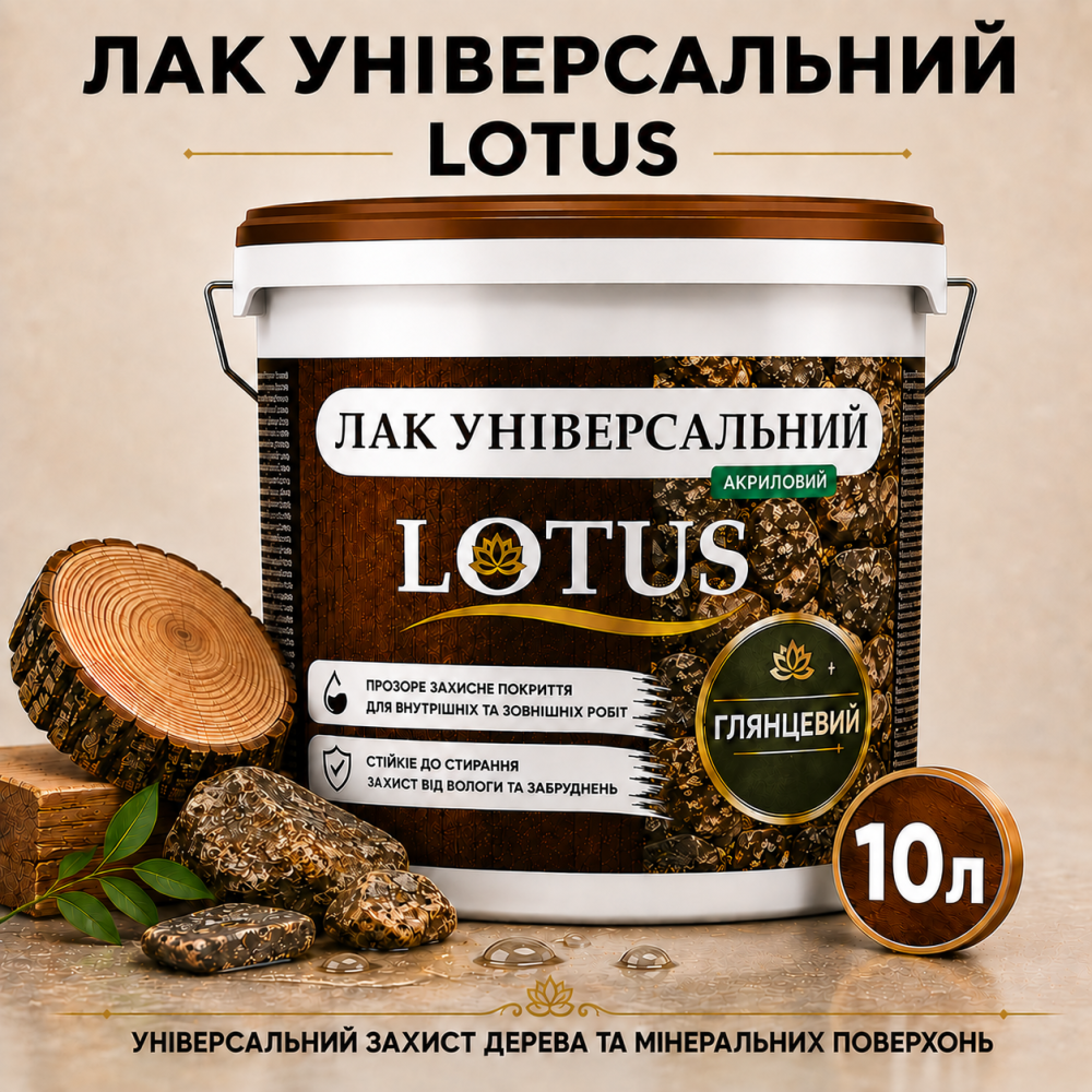 Лак універсальний акриловий LOTUS прозорий глянцевий без запаху зносостійкий для дерева, каменю, бетону та інших поверхонь 10 л Харків - фото 5