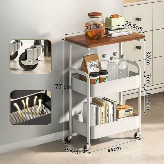 Полиця 3-ярусна для зберігання, металева пересувна тумба для спальні, кухні, приставний столик на коліщатках Кам'янець-Подільський