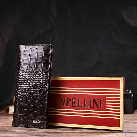 Практичний чоловічий вертикальний гаманець із натуральної шкіри з тисненням під крокодила CANPELLINI 21907 Коричневий Київ