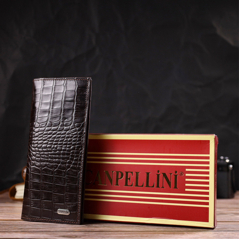 Практичный мужской вертикальный бумажник из натуральной кожи с тиснением под крокодила CANPELLINI 21907 Коричневый Киев - изображение 1