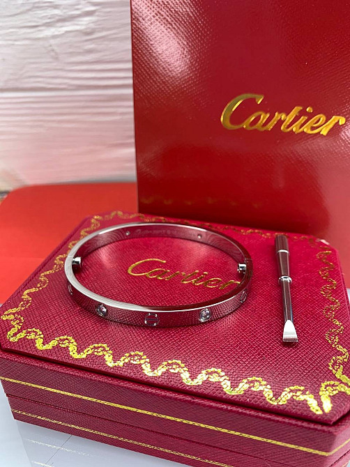 Браслет Cartier з цирконами, покриття білим золотом AU750 / Красива подарункова упаковка - коробочка з оксамитом та пакет Одеса - фото 7