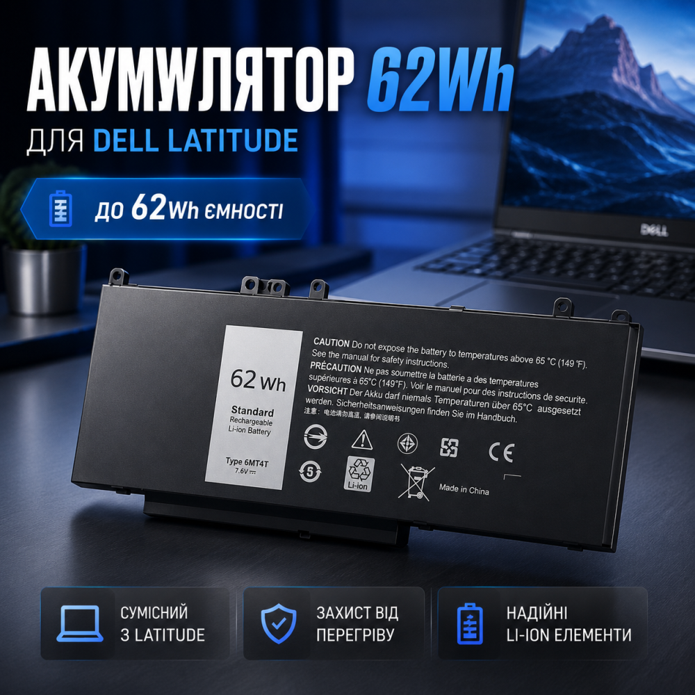 Аккумуляторная батарея K KYUER 6MT4T для Dell Latitude E5470 E5570 E5270 Precision 3510 7.6V 62Wh литий-ионная черная Киев - изображение 1