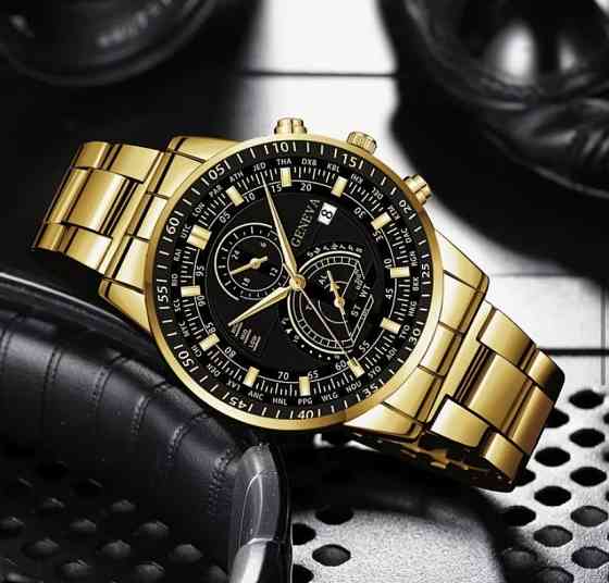 Подарочный набор для мужчин наручные часы с браслетом и цепочка с крестиком и кольцо золотистый Киев