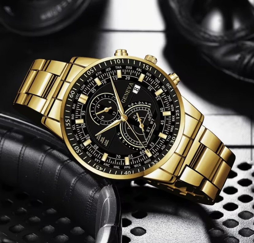 Подарунковий набір для чоловіків наручний годинник з браслетом і ланцюжок з хрестиком та кільце золотистий Київ - фото 6