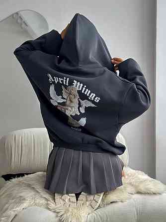 Жіноча утеплена оверсайз худі на блискавці з накатом тринитка на флісі Графіт Одеса