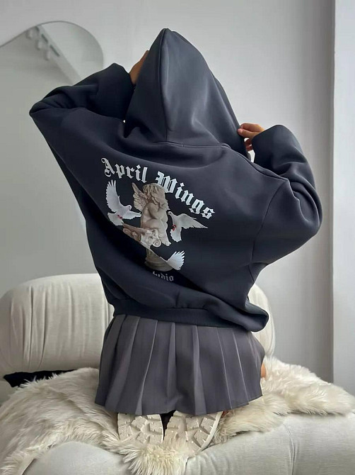 Жіноча утеплена оверсайз худі на блискавці з накатом тринитка на флісі Графіт Одеса - фото 3