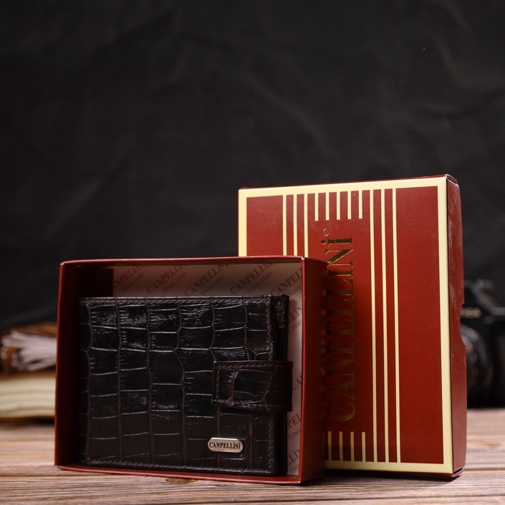 Фактурный небольшой мужской бумажник из натуральной кожи с тиснением под крокодила Черный (CANPELLINI) Киев - изображение 4