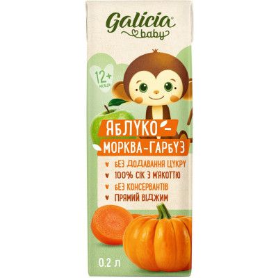 Сік дитячий Galicia Baby яблучно-морквяно-гарбузовий з м’якоттю натуральний 200 мл (4820209564341) Вінниця - фото 1