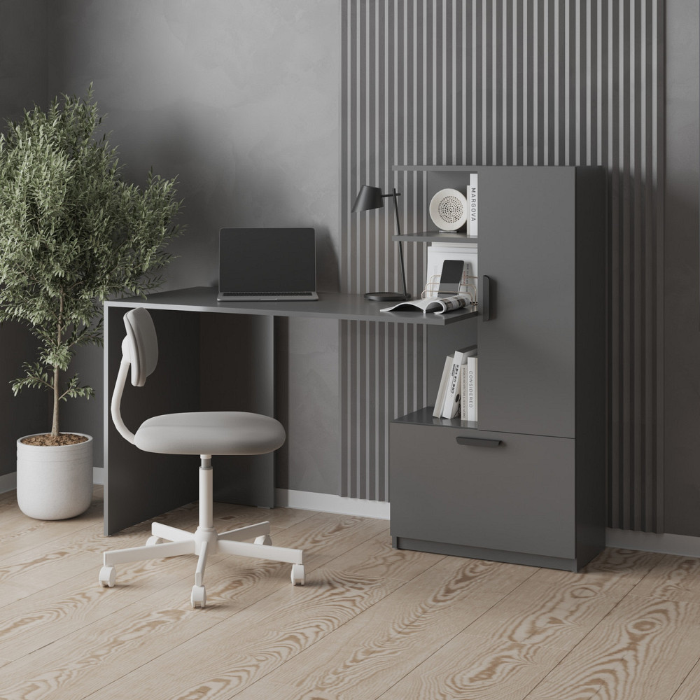 Компьютерный стол VAYS M-52 Антрацит, с тумбой и полками направо, письменный стол для дома и офиса, ЛДСП, 150×58×122 см Антрацит Львов - изображение 1