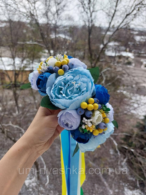 Ободок обруч з квітами "Піони великий синьо-блакитно-жовтий" Кривий Ріг - фото 2