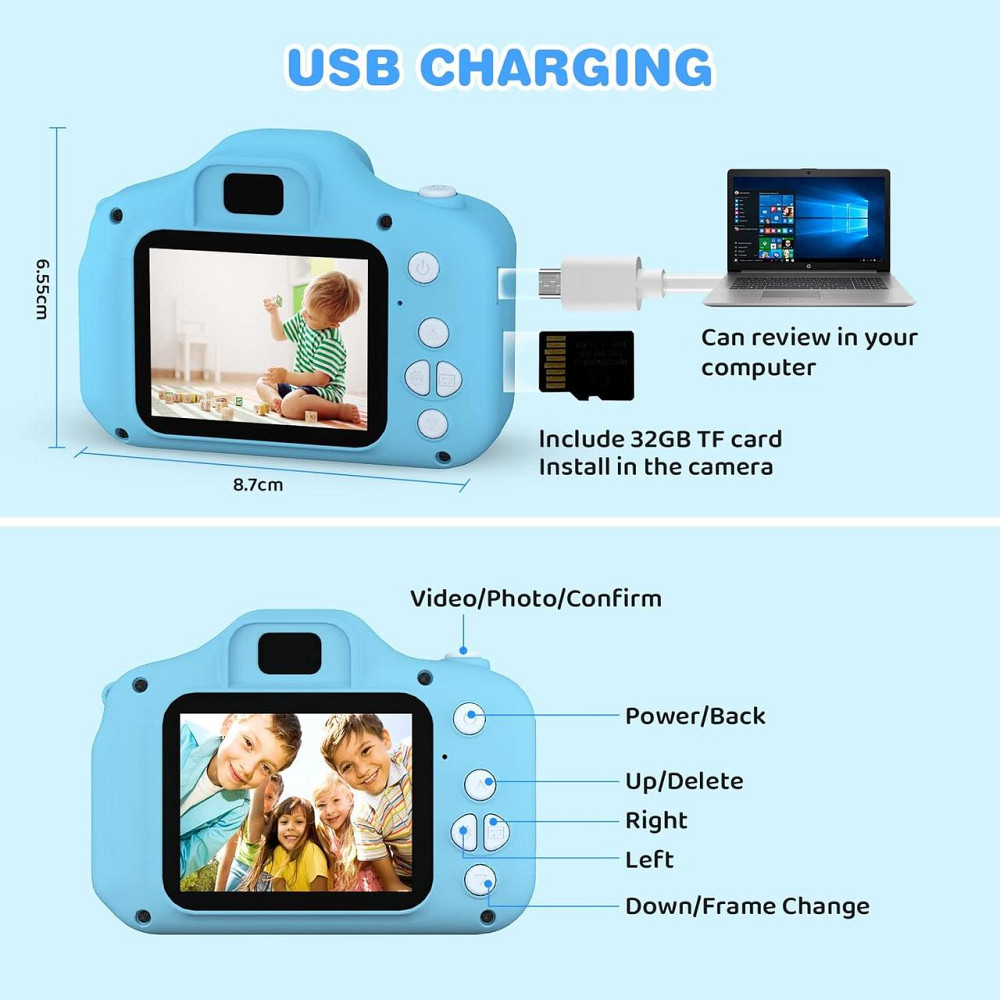 Дитяча цифрова камера ASTGMI C3Pro, 2.0” дисплей, 12МП, з SD-картою 32 ГБ та силіконовою кришкою, синя, подарунок дитині Київ - фото 3