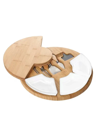 Дошка бамбукова кругла для сиру і закусок з ножами, дерев'яна сервірувальна менажниця діаметр 33 см Кам'янець-Подільський