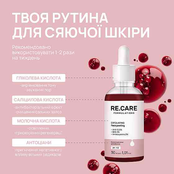 Кислотний пілінг для обличчя Exfoliating Face peeling RE.CARE 30 мл Київ