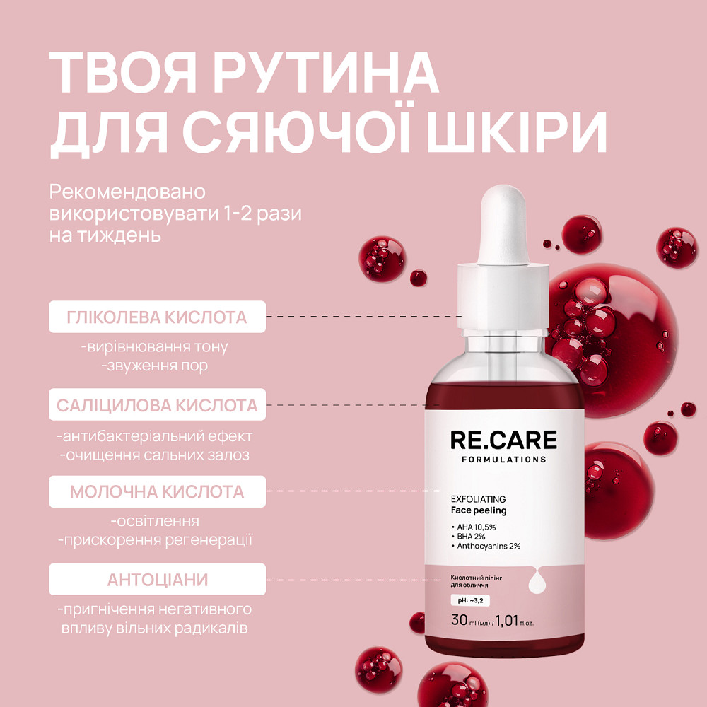 Кислотний пілінг для обличчя Exfoliating Face peeling RE.CARE 30 мл Київ - фото 2