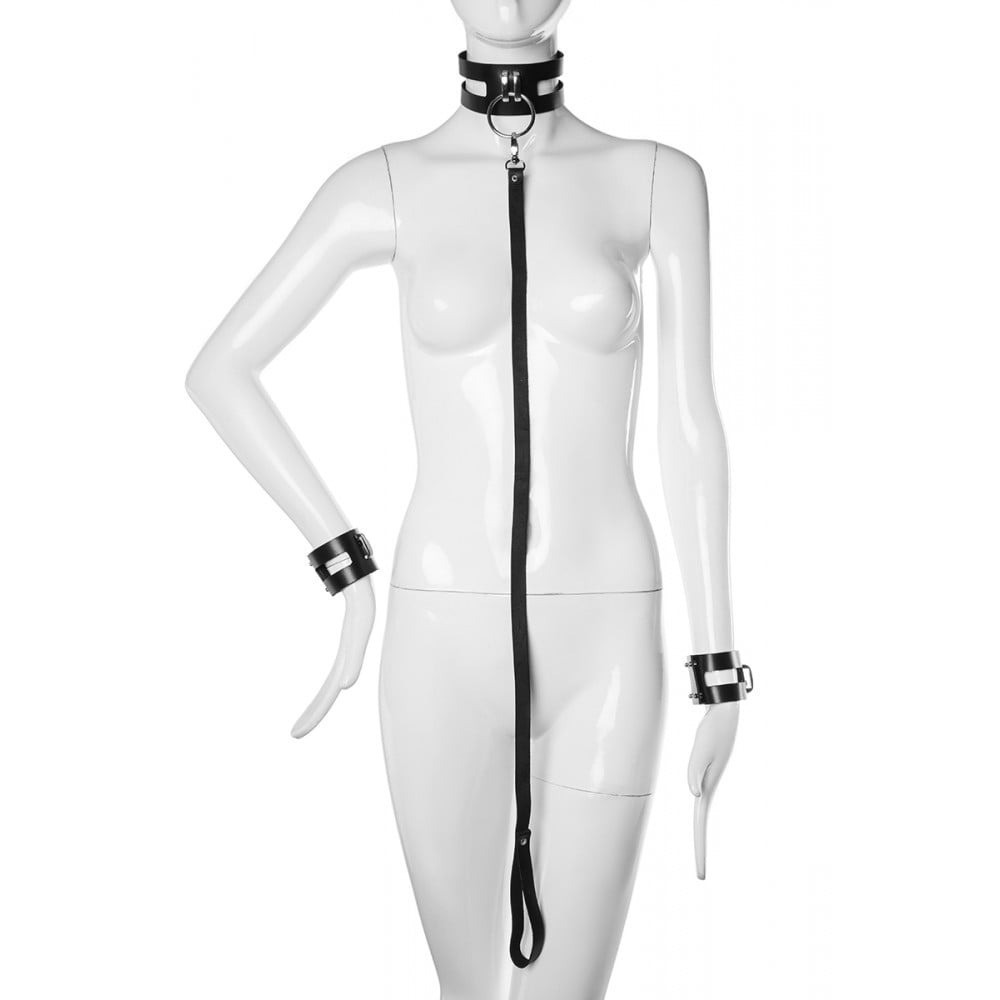 Нашийник з повідцем та наручниками Candy Hero Fet25 натуральна шкіра, чорні, XS-M Sex Aura Київ - фото 1