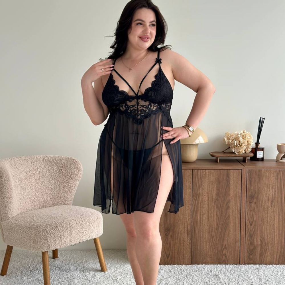 Еротичний пеньюар великих розмірів plus size прозорий з мереживом короткий з м'якими чашечками на бретелях з трусиками чорний 2XL Одеса - фото 1