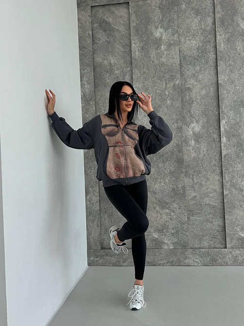 Женская стильная оверсайз худи с капюшоном на молнии петля пенье + турецкая рибана Графит, 48/50 Одесса - изображение 5