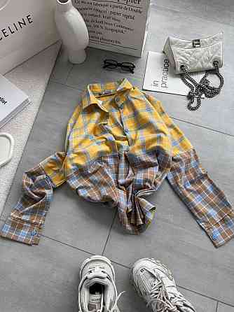 Женская двухцветная оверсайз рубашка в клетку турецкая фланель котон Беж Одесса