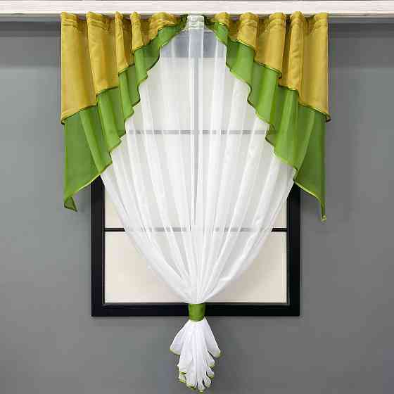 Кухонна занавіска VR-Textil № 114к ламбрекен і тюль оливковий з золотистим та білим 270х170 см (52-0611) Київ