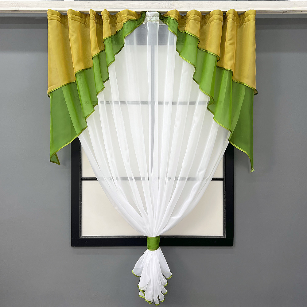 Кухонна занавіска VR-Textil № 114к ламбрекен і тюль оливковий з золотистим та білим 270х170 см (52-0611) Київ - фото 6