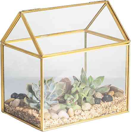 Стеклянный флорариум NCYP в форме домика с крышкой, золотая рамка, 15.5×11×16 см, для суккулентов, мосариум Киев