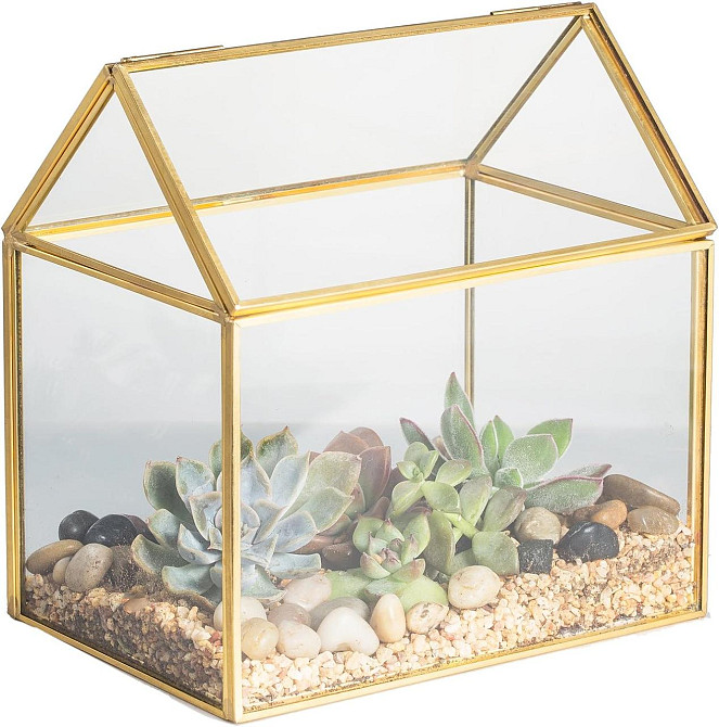 Скляний флораріум NCYP у формі будиночка з кришкою, золота рамка, 15.5×11×16 см, для сукулентів, мосаріум Київ - фото 1