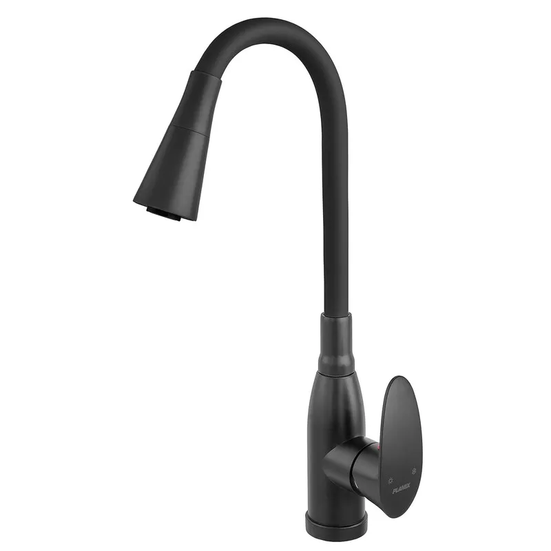 Смеситель для кухни PLAMIX CEZAR-011-B SET MATTE BLACK REFL.BLACK с силиконовым изливом, с подводом (PM0719) Киев - изображение 1