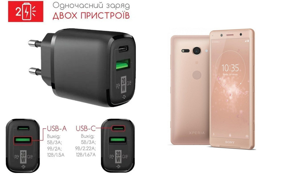 Сетевое зарядное устройство для Sony Xperia XZ2 Compact (2018), 20W 3A, Quick Charge 3.0 Киев - изображение 1
