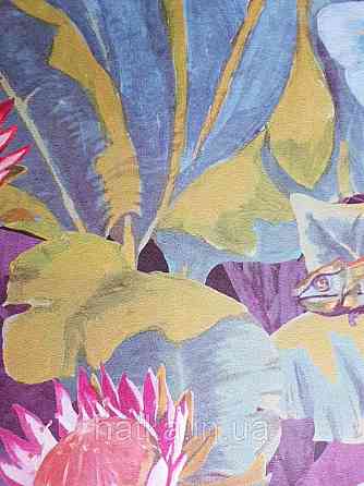 Шпалери вінілові Decoprint Breeze тропіки листя квіти латаття червоні хамелеони на синьо-зеленому 0.53х10 м Київ