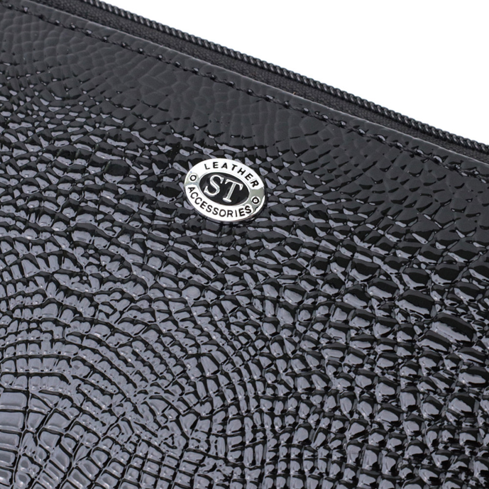 Лакований тонкий гаманець з фактурою під рептилію з натуральної шкіри ST Leather 22716 Чорний Київ - фото 5