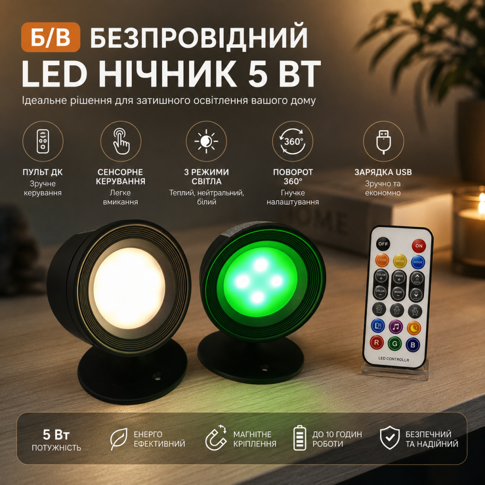 Б/В Безпровідний LED нічник 5 Вт із сенсорним керуванням, пультом ДК, USB, 3 режими світла, поворот 360° Київ - фото 8