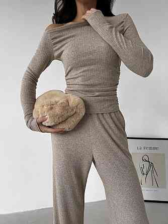 Женский базовый костюм двойка: лонгслив и брюки ангора рубчик Беж, 44/46 Одесса