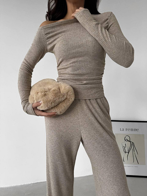 Женский базовый костюм двойка: лонгслив и брюки ангора рубчик Беж, 44/46 Одесса - изображение 1
