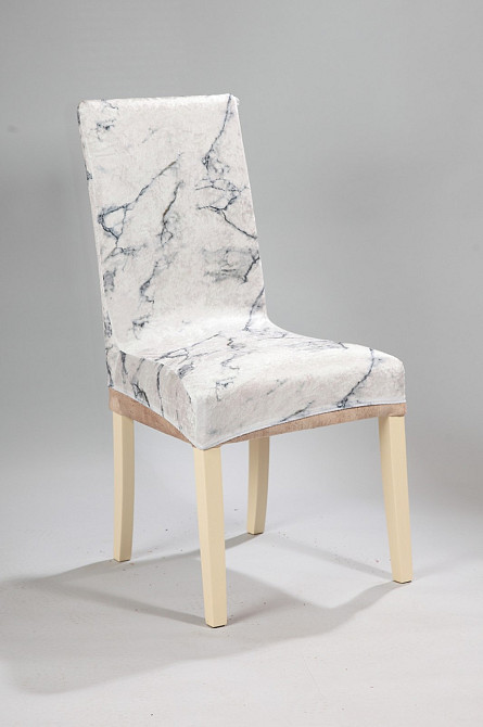 Универсальный натяжной чехол накидка на стул со спинкой с рисунком белый мрамор Royan 0045 Белая Церковь - изображение 1