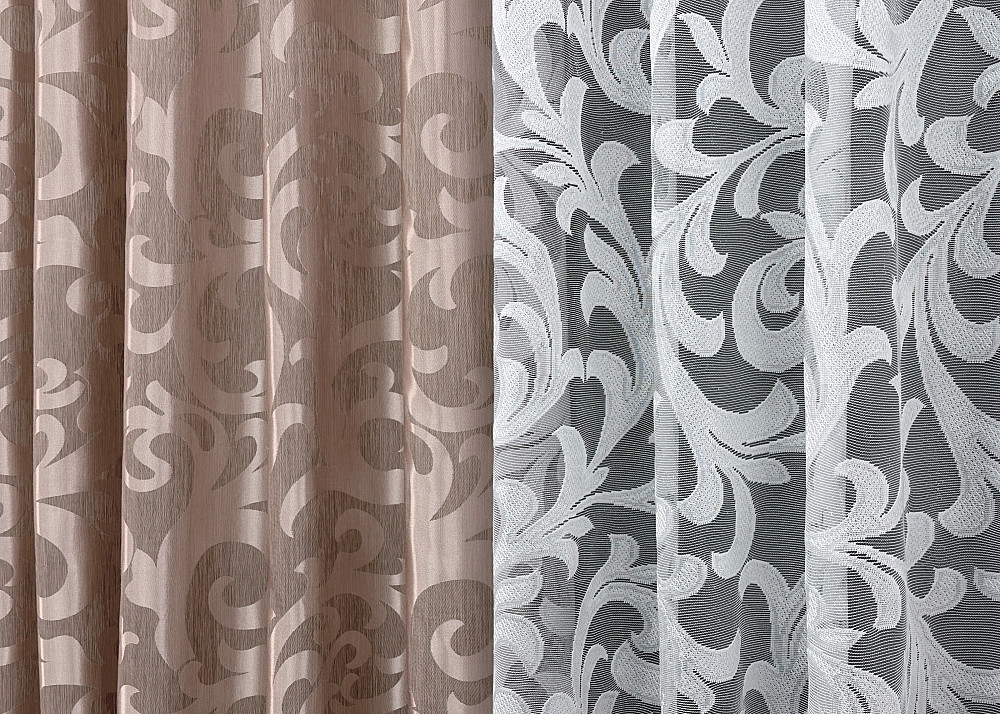 Комплект штор VR-Textil Жакард Вензель 100х270 2шт і Тюль 300х270 090ш-1147т Пудровий з білим 71-096/1 Київ - фото 7