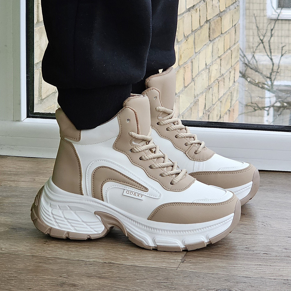 Зимові Білі жіночі Кросівки з МЕХОМ на Толстой Підошві Танкетке Ботинки Шкіряні Бежеві (розміри: 36,37,38,39,40) Дніпро - фото 2