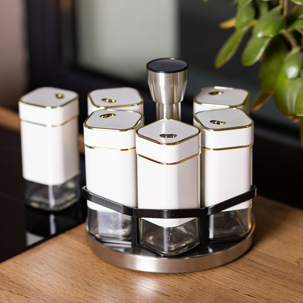 Набір для спецій 6 ємностей карусель для приправ на підставці Білий HP-1314 Київ - фото 4