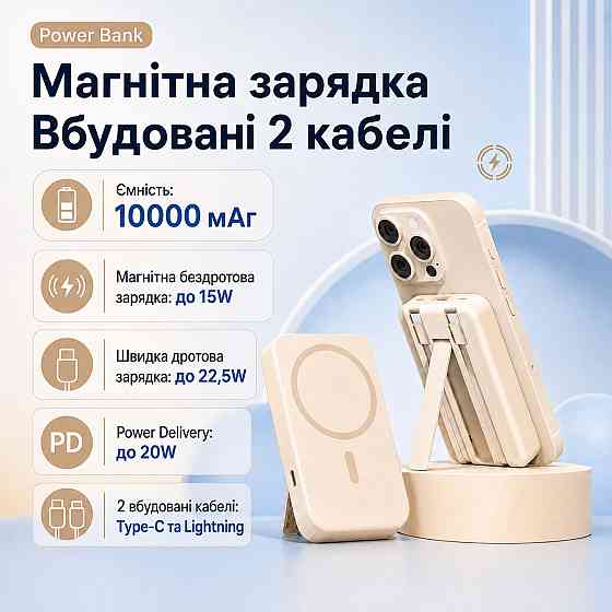 Павербанк беспроводной магнитный 10000мАч Powerbank с быстрой зарядкой, откидной подставкой, бежевый Каменец-Подольский