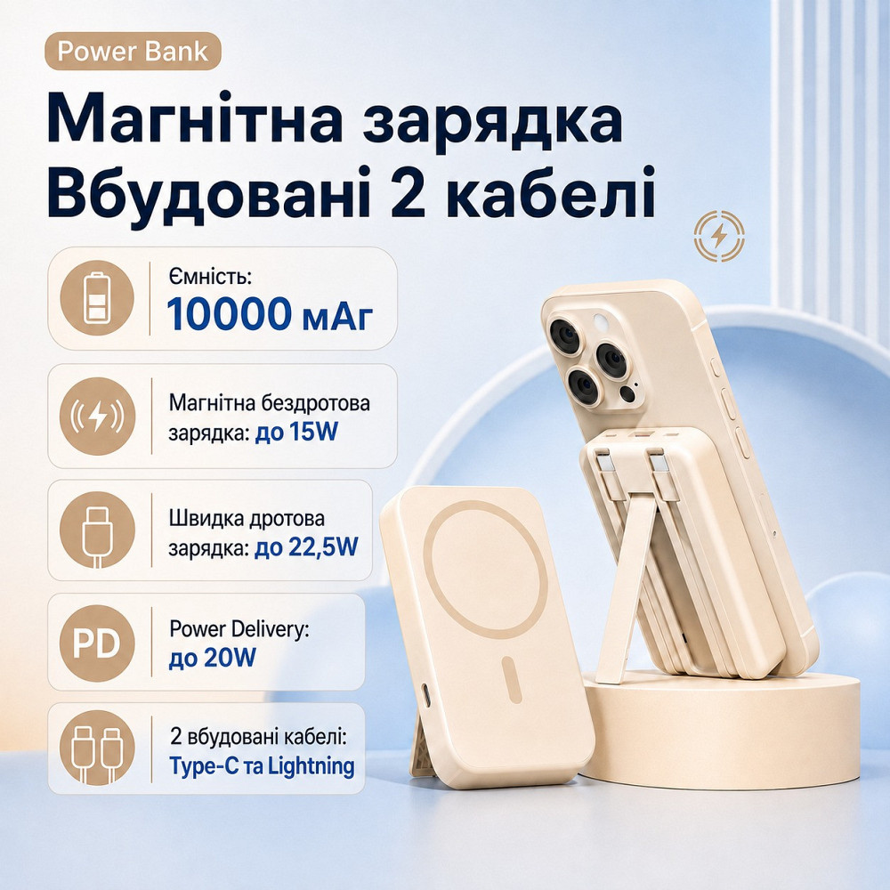 Павербанк беспроводной магнитный 10000мАч Powerbank с быстрой зарядкой, откидной подставкой, бежевый Каменец-Подольский - изображение 1
